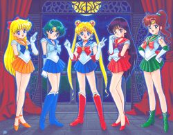  5girls aino_minako arms_behind_back back_bow bishoujo_senshi_sailor_moon bishoujo_senshi_sailor_moon_r black_eyes black_hair blonde_hair blue_bow blue_eyes blue_sailor_collar blue_shoes blue_skirt boots bow brooch choker circlet closed_mouth crescent crescent_earrings crystal_star_(sailor_moon) curtains double_bun earrings full_body full_moon gloves goto_p green_choker green_eyes green_sailor_collar green_shoes green_skirt hair_bobbles hair_bow hair_bun hair_ornament hand_up hands_on_own_hips hands_up high_heel_boots high_heels high_ponytail hino_rei inner_senshi jewelry kino_makoto knee_boots leotard long_hair looking_at_viewer magical_girl miniskirt mizuno_ami moon multiple_girls night open_mouth orange_choker orange_sailor_collar orange_shoes orange_skirt pleated_skirt ponytail purple_bow red_bow red_choker red_sailor_collar red_shoes red_skirt revision sailor_collar sailor_jupiter sailor_mars sailor_mercury sailor_moon sailor_senshi_uniform sailor_venus shoes short_hair signature skirt smile standing star_(symbol) star_earrings tsukino_usagi twintails v very_long_hair white_gloves white_leotard 