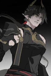  1boy aicer annoyed arknights arm_tattoo black_hair black_shirt chinese_commentary chongyue_(arknights) commentary_request compression_shirt earrings floating_hair from_below gradient_background hair_tubes highres horns jewelry looking_at_viewer low_ponytail male_focus parted_bangs parted_lips pointy_ears ponytail shirt shuo's_husk_(arknights) single_bare_shoulder single_hair_tube single_shoulder_pad sleeveless solo tattoo teeth toned toned_male upper_body upper_teeth_only yellow_eyes 