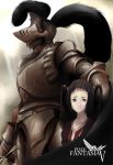  black_hair cape child frown full_armor gauntlets height_difference helmet km_(artist) knight pixiv_fantasia pixiv_fantasia_5 red_eyes size_difference sword twintails weapon 