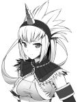  bandeau bangs blush breasts bust capcom cleavage crop_top detached_sleeves fur_trim hairband highres horn jewelry kirin kirin_(armor) long_hair looking_at_viewer midriff monochrome monster_hunter munashi_mujou necklace pendant simple_background smile solo spiked_hair taut_shirt turtleneck 