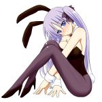 animal_ears bare_shoulders blue_eyes blush breast_press breasts bunny_ears bunny_tail bunnysuit collarbone detached_collar hair_ribbon high_heels highres hiiragi_kagami large_breasts legs long_hair lucky_star pantyhose purple_hair ribbon shoes simple_background sitting smile solo take_(shokumu-taiman) tsurime twintails wrist_cuffs 