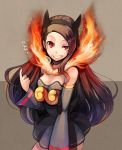  bare_shoulders breasts brown_hair cosplay detached_sleeves dress emboar emboar_(cosplay) fire grin hairband idolmaster long_hair minase_iori personification pointing pokemon pos red_eyes smile solo uneven_eyes 