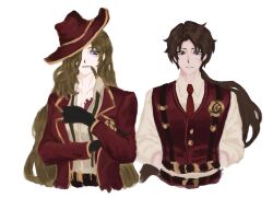  1boy 1girl black_gloves blue_eyes brown_hair cigar collared_shirt cosplay cowboy_shot gloves hair_over_one_eye hashtag-only_commentary hat heathcliff_(project_moon) limbus_company limlan0 long_hair lucio_(project_moon) lucio_(project_moon)_(cosplay) necktie project_moon red_hat red_necktie red_vest rodion_(project_moon) shirt simple_background smoking suspenders valencina_(project_moon) valencina_(project_moon)_(cosplay) vest white_background white_shirt 