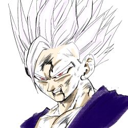  1boy 1rasutotoukou absurdres alternate_hair_length alternate_hairstyle battle_damage blood blood_from_mouth commentary_request dragon_ball dragon_ball_super dragon_ball_super_super_hero gohan_beast highres male_focus muscular muscular_male purple_shirt red_eyes shirt short_hair simple_background smirk solo son_gohan upper_body white_background 