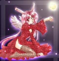  angel_wings animal_ears artist_request ayase_miyuki bunny_ears full_moon_wo_sagashite highres meroko_yui night no_hat no_headwear outstretched_arm sitting solo wings 