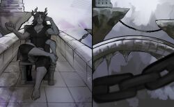  1boy absurdres black_shirt chain chair demon_boy empty_eyes extra_arms figure_four_sitting floating_island full_body grey_skirt grin highres looking_at_viewer monster_boy official_alternate_costume shadow_slave shirt sitting skirt smile solo sunny_(shadow_slave) t0ruuu white_eyes 