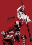  geta hamada_youho headphones highres japanese_clothes katana miko original red_background solo sword tengu-geta weapon 