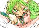  blood fighting_stance frog gohei green_eyes green_hair highres injury japanese_clothes kochiya_sanae miko solo tokomichi touhou 