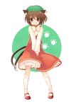  animal_ears bad_id bloomers blush bow brown_eyes brown_hair cat_ears cat_tail chen dress earrings hat highres jewelry momoyama_nozomu multiple_tails short_hair smile solo tail touhou v_arms 