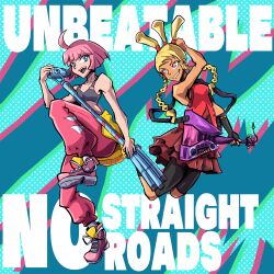  2girls absurdres ahoge beat_(unbeatable) bike_shorts bike_shorts_under_skirt blue_eyes braid breasts clothes_around_waist copyright_name crossover dark-skinned_female dark_skin electric_guitar english_text frilled_skirt frills grey_sports_bra guitar highres holding holding_microphone holding_microphone_stand instrument jumping long_hair mayday_(no_straight_roads) microphone microphone_stand multiple_girls music no_straight_roads pink_eyes pink_hair playing_instrument shaft_(shaf_it) shoes short_hair skirt small_breasts sneakers sports_bra streetwear symbol-shaped_pupils trait_connection twin_braids unbeatable 