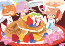  +_+ 1boy ahoge blueberry bob_cut boru-boru chibi chibi_only closed_eyes commentary_request cup fate/grand_order fate_(series) flower food fruit fujimaru_ritsuka_(female) green_eyes hair_ornament hair_over_one_eye hair_scrunchie heart-shaped_mouth lab_coat lemon mash_kyrielight medium_hair one_side_up open_mouth orange_hair pink_flower purple_hair romani_archaman scrunchie short_hair smile strawberry syrup teacup violet_eyes 