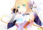  blonde_hair blue_eyes bust collar detached_sleeves hairclip hands_on_headphones headphones holding_headphones kagamine_rin kagamine_rin_(append) open_mouth rin_append see_through short_hair treble_clef vocaloid vocaloid_append white 