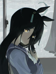  1girl :/ absurdres ahoge animal_ears black_hair bow bowtie closed_mouth commentary_request condensation curtains ear_ornament ear_tag earrings eyes_visible_through_hair fuse_gomame hand_on_own_chest hand_up highres horse_ears horse_girl indoors jewelry long_hair long_sleeves looking_at_viewer manhattan_cafe_(umamusume) multicolored_hair purple_sailor_collar purple_shirt rain sailor_collar school_uniform shirt single_earring solo tracen_school_uniform umamusume very_long_hair white_bow white_bowtie white_hair window yellow_eyes 