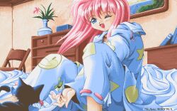  1girl animal artist_name bad_id bed bed_sheet black_cat blue_pajamas book cat chair dated flower hood hood_down hooded_pajamas indoors kumiko_(toushin_toshi) long_hair looking_at_animal mikazuki_akira! on_bed one_eye_closed open_mouth painting_(object) pajamas pink_flower pink_hair plant potted_plant smile solo toushin_toshi toushin_toshi_i 