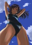  armpits arms_up cloud clouds dutch_angle foreshortening from_below hand_in_hair long_hair muted_color muted_colors one-piece_swimsuit open_mouth ore_no_imouto_ga_konna_ni_kawaii_wake_ga_nai purple_hair shisei_ichishiki sky solo swimsuit 
