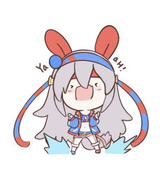  >_< 1girl absurdres animal_ears belt blue_hairband blue_jacket blue_sports_bra chibi chibi_only commentary ear_covers english_commentary fang fingerless_gloves gloves grey_hair grey_tail hair_between_eyes hairband headband highres horse_ears horse_girl horse_tail jacket lightning_bolt_print lightning_bolt_symbol long_hair long_sleeves midriff multicolored_hairband navel open_mouth pants red_belt red_headband shouting simple_background skin_fang solo sports_bra striped_clothes striped_hairband tail tamamo_cross_(fast_as_lightning)_(umamusume) tamamo_cross_(umamusume) two-tone_hairband ukichan22905846 umamusume very_long_hair white_background white_pants 