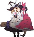  absurdres ballet_slippers black_hair blonde_hair blush boots bow braid broom corset cross-laced_footwear detached_sleeves hair_bow hakurei_reimu hat highres kirisame_marisa lace-up_boots miko multiple_girls short_hair simple_background touhou v_arms whispering witch witch_hat yellow_eyes yonu_(nyonu) yonu_(yonurime) 