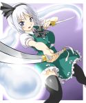  black_legwear black_thighhighs bob_cut dual_wielding face ghost hairband katana konpaku_youmu konpaku_youmu_(ghost) myon onsoku_maru short_hair silver_hair solo sword tanto thigh-highs thighhighs touhou weapon 