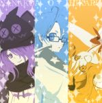  bad_id glasses hair_over_one_eye hat hikaru_(houkago_no_pleiades) houkago_no_pleiades monochrome nanako_(houkago_no_pleiades) open_mouth smile solamao 
