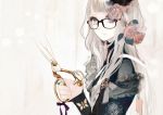  arms_up bangs blue_eyes blunt_bangs bow brooch bust butterfly butterfly_print flower frills glasses grey_hair hair_flower hair_ornament hat heart jewelry long_hair lowres nail_polish original pink_rose rose scissors serious shikishima_(eiri) solo 