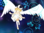  angel angel_wings blonde_hair bow child closed_eyes floating glowing kagamine_rin light solo strap_slip vocaloid water white_dress wings 
