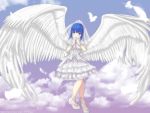  ankle_lace-up arin bingsang blue_hair breasts cloud clouds cross-laced_footwear dress feathers flying gloves hands_clasped long_hair pangya purple_eyes shoes sky smile solo veil violet_eyes wings 