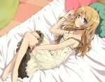  bare_shoulders barefoot bed blonde_hair blue_eyes blush breasts cleavage colored dress frills kousaka_kirino legs lineart lingerie long_hair lying maromi_(am97) maromi_(artist) monochrome nightgown octopus off_shoulder on_side ore_no_imouto_ga_konna_ni_kawaii_wake_ga_nai solo strap_slip stuffed_toy underwear 