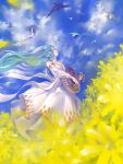  bare_shoulders bird closed_eyes cloud clouds dress earrings eyes_closed highres instrument jewelry long_hair mandolin pixiv_fantasia pixiv_fantasia_5 pomodorosa risa_hibiki sky 