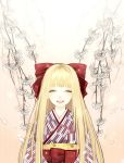  blonde_hair blunt_bangs bow bust closed_eyes copyright_request eyes_closed flower hair_bow japanese_clothes kimono long_hair open_mouth shikishima_(eiri) smile solo yagasuri 