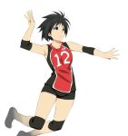  black_eyes black_hair clothes_writing clothing_writing fukuoka_katsumi japan jumping kimura_saori original short_hair solo sports_uniform sportswear volleyball 