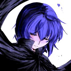  cape closed_eyes eyes_closed face fang mark no_hat no_headwear purple_hair remilia_scarlet short_hair solo touhou 