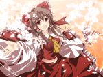  ascot black_hair bow brown_eyes cherry_blossoms detached_sleeves from_above hair_bow hakurei_reimu hands long_hair looking_up miko navel ofuda open_mouth outstretched_arm outstretched_hand petals satomi smile solo touhou 