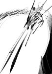  giba_(out-low) highres lance mechanical_wings monochrome original polearm ponytail simple_background solo weapon wings 