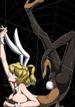  animal_ears ashcape ass black_legwear black_pantyhose blonde_hair bow breasts bunny_ears bunny_girl bunny_tail bunnysuit cleavage flexible hair_bow high_heels highres kurodani_yamame large_breasts mouth_hold pantyhose red_eyes shoes short_hair smile solo spider_web tail touhou wrist_cuffs 