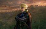  army beard belt blonde_hair blue_eyes braid brooch cape facial_hair field grass jewelry long_hair male noba pixiv_fantasia pixiv_fantasia_5 ribbon roderick_(pixiv_fantasia) single_braid sky sword trigard_empire weapon 