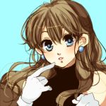  bare_shoulders black_dress blue_(pokemon) blue_background blue_eyes blush brown_hair dress earrings finger_to_mouth gloves jewelry long_hair mokorei pointing pokemon pokemon_blue pokemon_rgby pokemon_special portrait simple_background sleeveless solo wavy_hair 