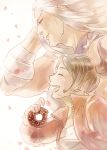  2girls asahina_aoi_(dangan-ronpa) bandages brown_hair closed_eyes dangan_ronpa doughnut food food_on_face jersey multiple_girls muscle ookami_sakura open_mouth pecosyr petals profile smile white_hair wind 