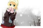  blonde_hair breath gloves green_eyes hairclip hat kagamine_rin mittens open_mouth pleated_skirt scarf short_hair snow trees vocaloid 