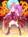  belt boots bow bracelet breasts cleavage dragon fingerless_gloves fire gloves hair_bow highres jewelry katana long_hair mickey_dunn purple_hair red_eyes scabbard sheath solo sword touhou watatsuki_no_yorihime weapon 
