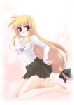  blonde_hair bra breasts cleavage dress_shirt fate_testarossa frapowa kneeling lingerie long_hair low-tied_long_hair lyrical_nanoha mahou_shoujo_lyrical_nanoha mahou_shoujo_lyrical_nanoha_a's mahou_shoujo_lyrical_nanoha_strikers red_eyes school_uniform shirt skirt slightly_open_shirt tears underwear very_long_hair 