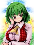  ascot breast_hold breasts green_hair hand_on_own_face head_tilt itsuku kazami_yuuka large_breasts lips plaid plaid_vest red_eyes short_hair smile solo tartan touhou youkai 