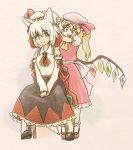  animal_ears blonde_hair chair fang flandre_scarlet hat inubashiri_momiji kusang0u mary_janes multiple_girls shoes side_ponytail sitting tail touhou v_arms wings wolf_ears wolf_tail 