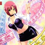  1girl bowtie breasts card cleavage croupier female green_eyes highres holding holding_card large_breasts miniskirt pink_hair playing_card_theme rio_rollins short_hair skirt smile solo super_blackjack 