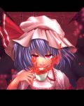  bat_wings blue_hair cup fangs hat maryquant red_eyes remilia_scarlet short_hair solo teacup touhou wings 