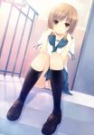  brown_eyes brown_hair coffee-kizoku cure_girl highres hoshimiya_miyu kneehighs light_smile loafers looking_at_viewer panties pantyshot pantyshot_(sitting) pantyshot_sitting railing school_uniform serafuku shoes sitting skirt smile solo stairs underwear 