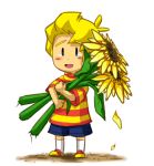  blonde_hair flower lucas male mother_(game) mother_3 nintendo open_mouth petals shirt shoes shorts simple_background smile sneakers solo striped striped_shirt sunflower swammi tears 