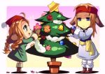  1girl ahoge animal_ears bell blue_eyes blush boots braid brother_and_sister brown_hair christmas christmas_tree dress enoo flower frown gloves green_dress green_eyes happy hat headband long_hair mariel_(wild_arms) open_mouth red_rose rose siblings star sweat twintails vasim wild_arms wild_arms_1 wild_arms_alter_code_f 