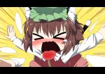  &gt;_&lt; :p animal_ears blush brown_hair cat's_tongue cat_ears cat_tail chen earrings flapping hurt jewelry kaiza_(rider000) letterboxed open_mouth rider000 short_hair solo tail tears tongue touhou 
