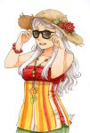  face flower food_themed_clothes green_eyes hat hat_flower jewelry long_hair marker_(medium) meago mina_(meago) necklace open_mouth original solo straw_hat sunglasses tank_top traditional_media tubetop white_hair 