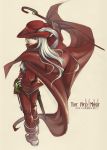  androgynous boots cape english feathers final_fantasy grey_eyes hair_over_one_eye hand_on_hip hat hat_feather hips long_hair looking_back male maren_marmulla red_mage silver_hair smile solo staff 